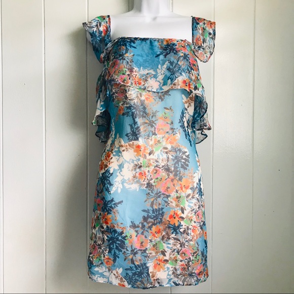 NWT Lavender Brown • Sky Blue Floral Silk Dress - Picture 1 of 16